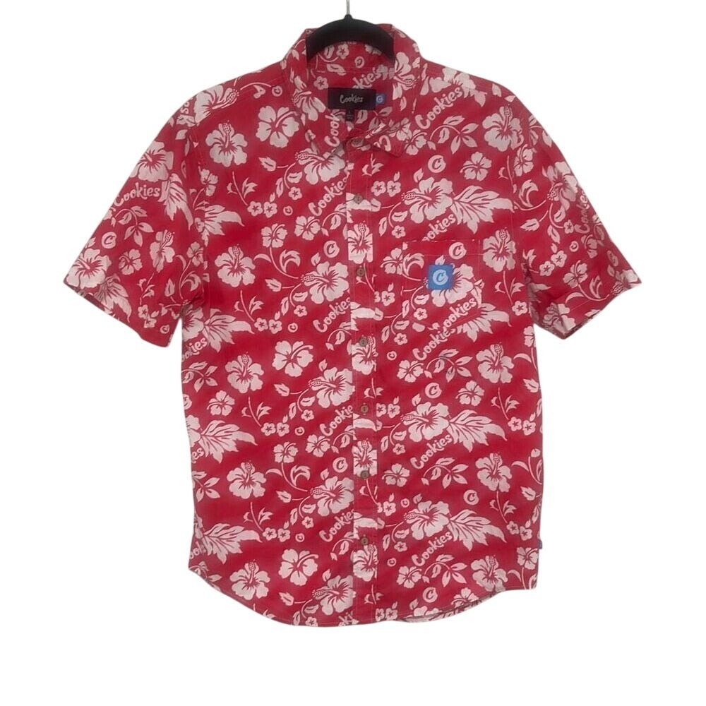 Cookies Mens Red Collared Short Sleeve Cotton Hawaiian Button Up Shirt Large